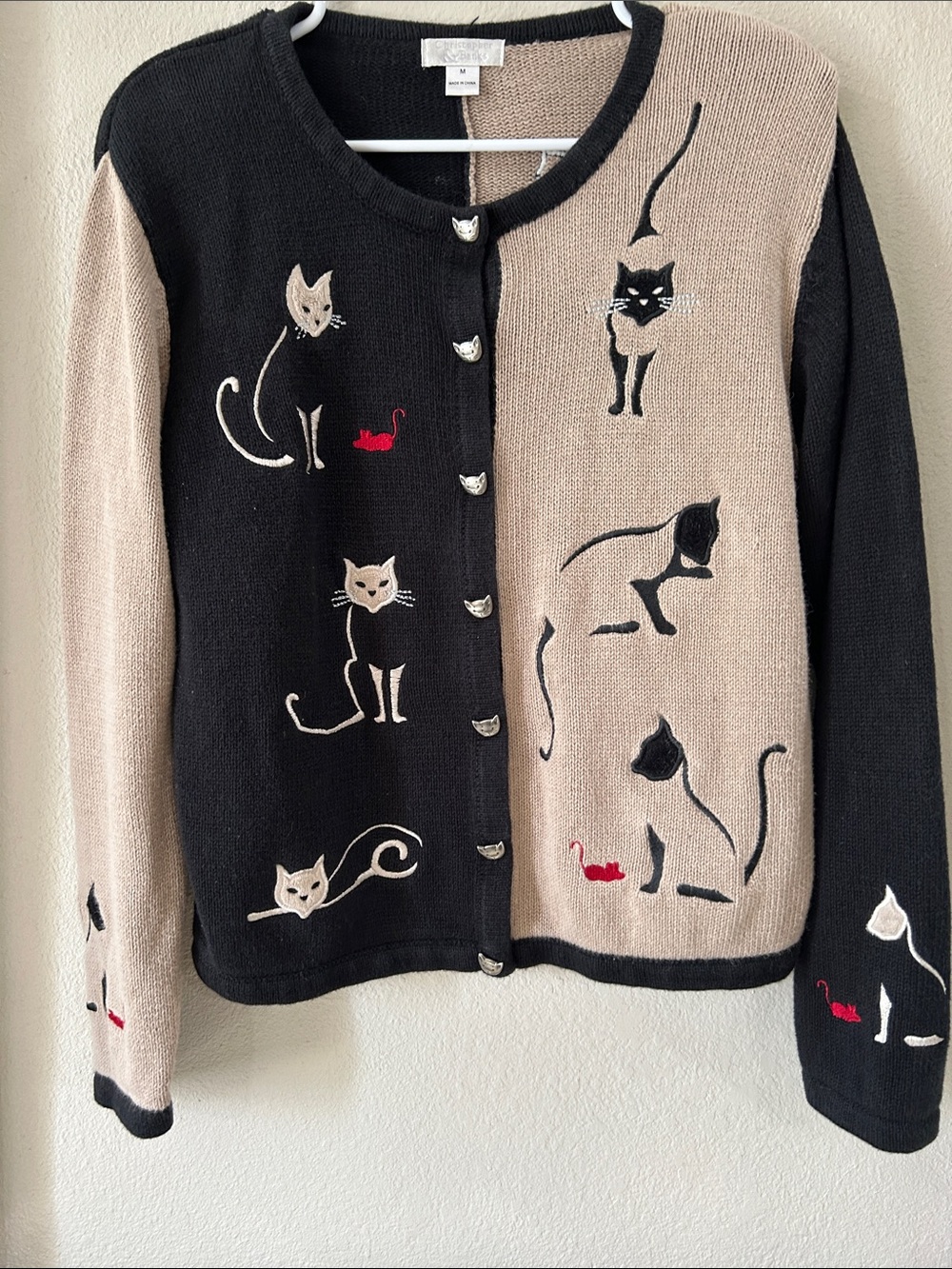 Christopher Banks- Medium-Cat Two-Tone Knit Cardigan Sweater - Black & Beige